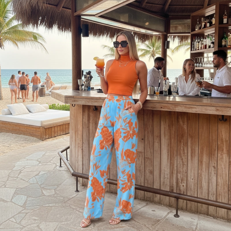 Conjunto Feminino Cropped e Calça Pantalona Estampada Laranja Floral