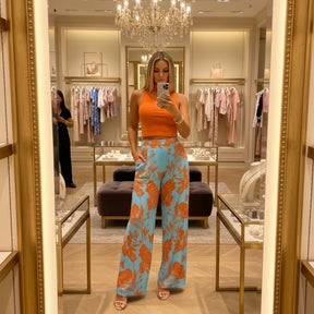 Conjunto Feminino Cropped e Calça Pantalona Estampada Laranja Floral