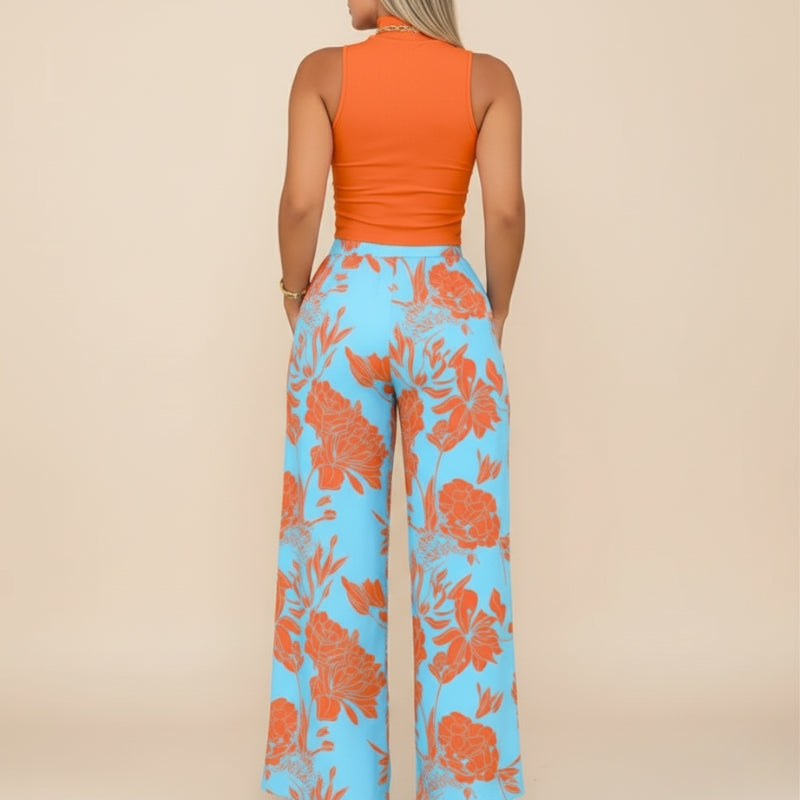 Conjunto Feminino Cropped e Calça Pantalona Estampada Laranja Floral