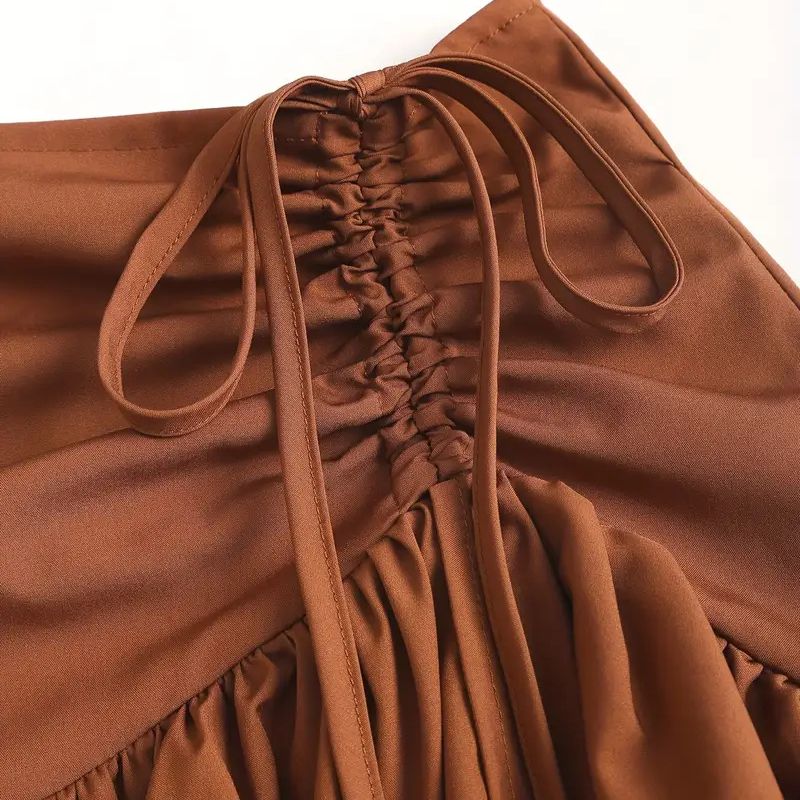 Saia feminina midi evasê marrom com babados Terra Charm