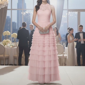 Saia feminina midi evasê rosa com babados