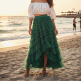 Saia Tule Longa com Babados Verde – Elegância Atemporal para Looks Sofisticados