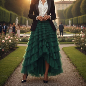 Saia Tule Longa com Babados Verde – Elegância Atemporal para Looks Sofisticados