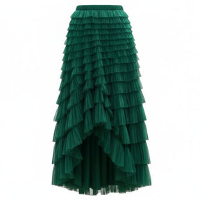 Saia Tule Longa com Babados Verde – Elegância Atemporal para Looks Sofisticados