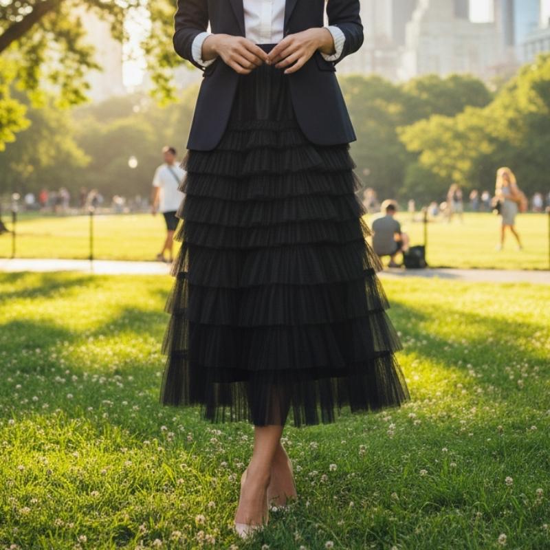 Saia plissada feminina midi em tule preto com babados