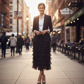 Saia plissada feminina midi em tule preto com babados