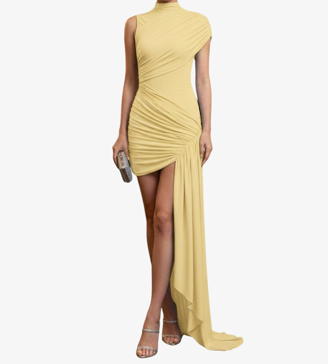 Vestido feminino curto drapeado amarelo com design assimétrico