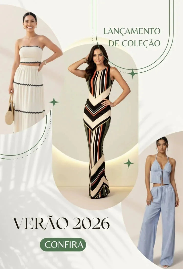 Looks da coleção verão 2026 moda feminina com vestidos e conjuntos modernos
