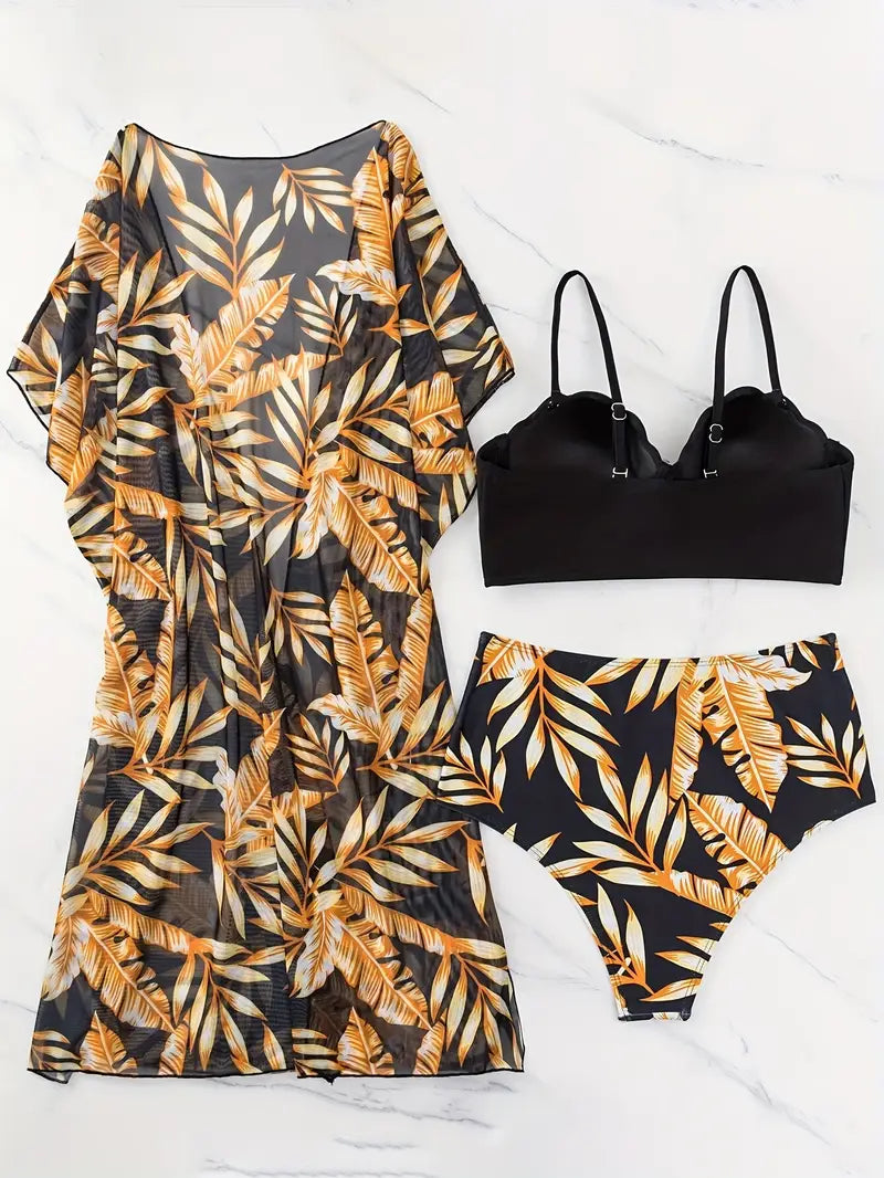 Conjunto Biquíni Preto com Estampa Tropical e Saída Saybeleze detalhes