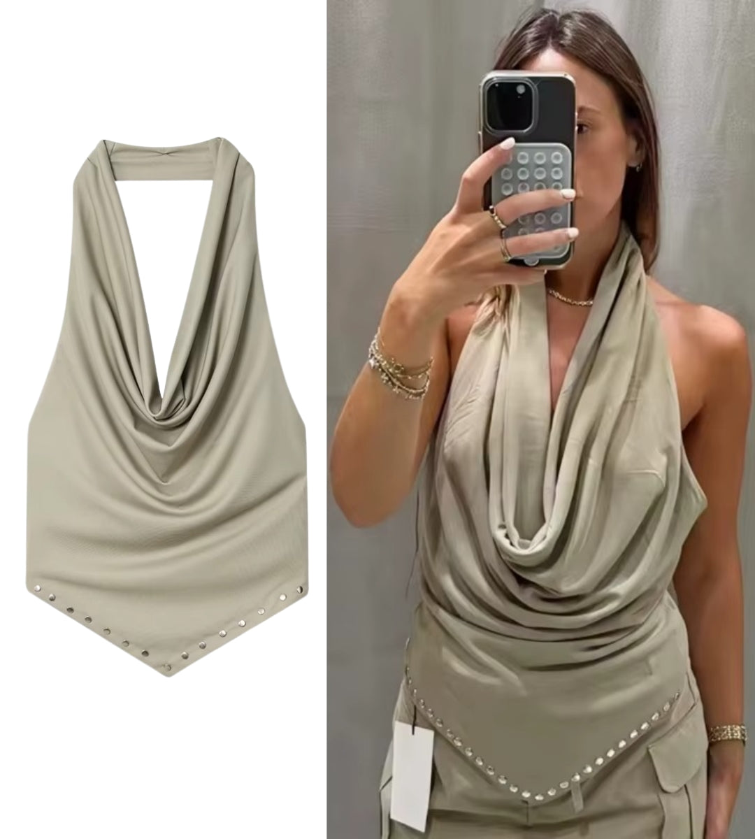 modelo usando Blusa Feminina Top halter Frente Única Gola Alta Drapeada Tecido em Cetim Com Elastano Festas Elegante e Sofisticada
 em shopping 