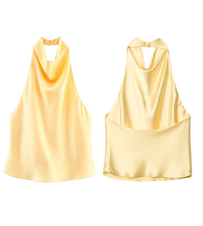 detalhes  blusa amarela destacando o caimento do tecido