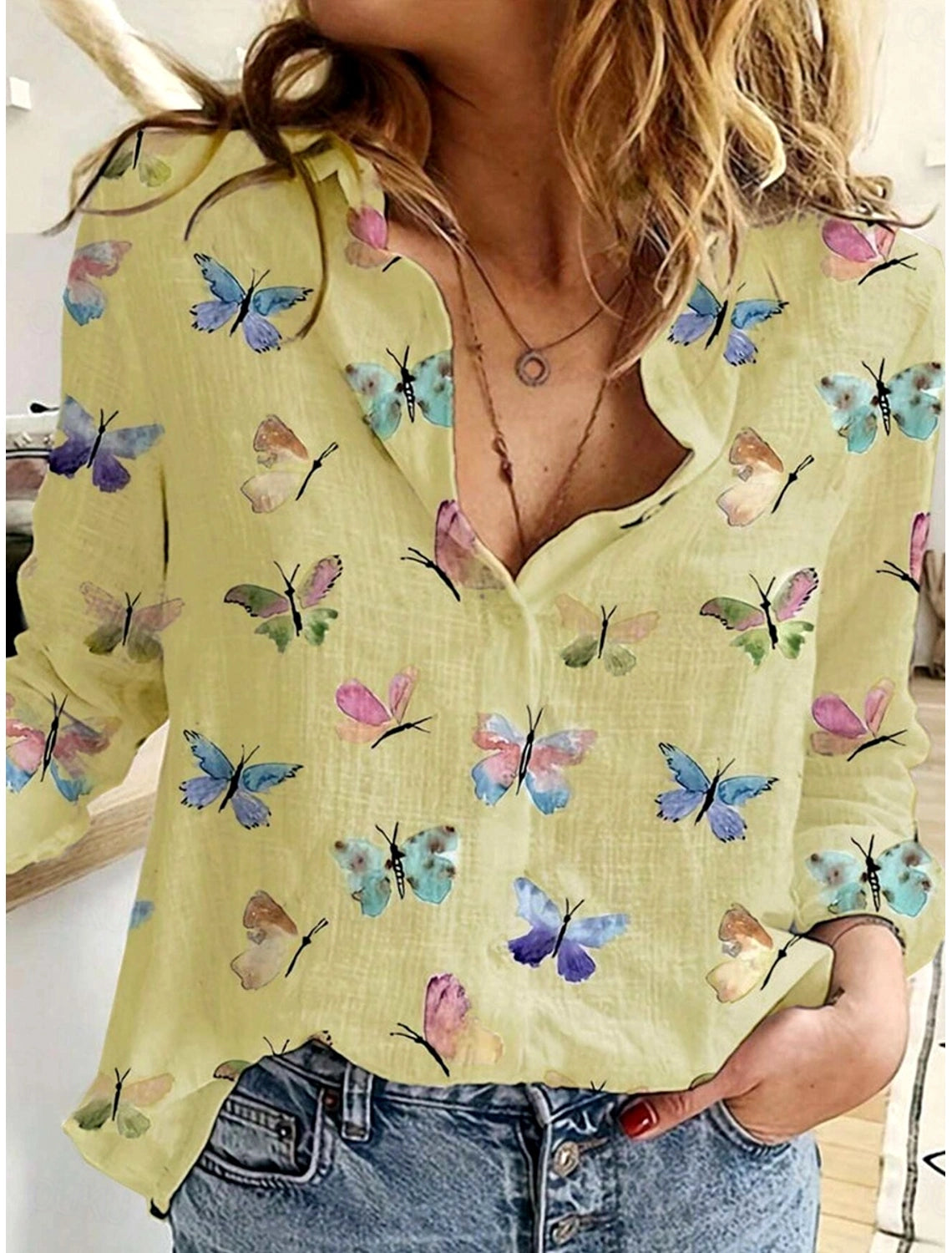 blusa feminina amarela estampa borboletas