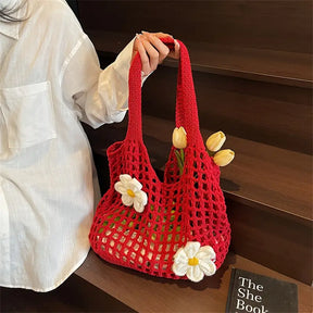 bolsa feminina croche vermelha com flores 3D