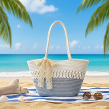 bolsa de praia feminina em corda bicolor cinza saybeleze marrom e bege