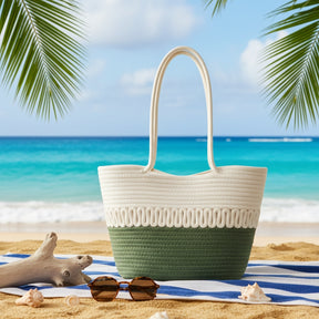 bolsa de praia feminina em corda bicolor verde saybeleze marrom e bege