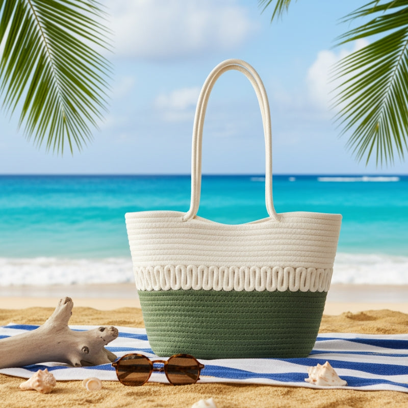 bolsa de praia feminina em corda bicolor verde saybeleze marrom e bege