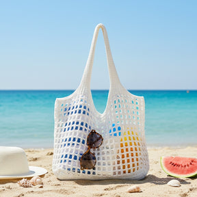 bolsa croche praia branca textura tricotada leve