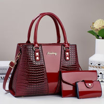 bolsa feminina de mão verniz croco vermelho kit 3 peças