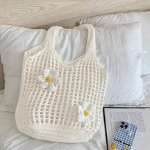 bolsa feminina croche vazada com flores 3D cor branco