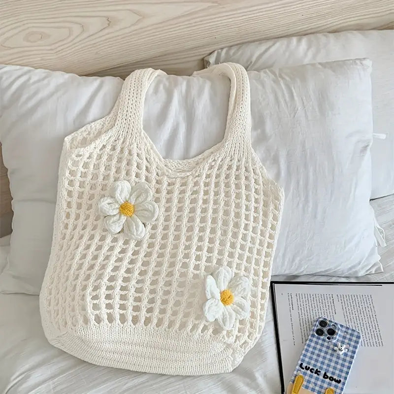 bolsa feminina croche vazada com flores 3D cor branco
