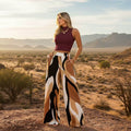 Calça pantalona feminina estampada carmesim cintura alta Urban Flow sofisticada e marcante