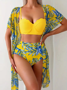Conjunto Biquíni Amarelo Tropical com Saída Saybeleze  
