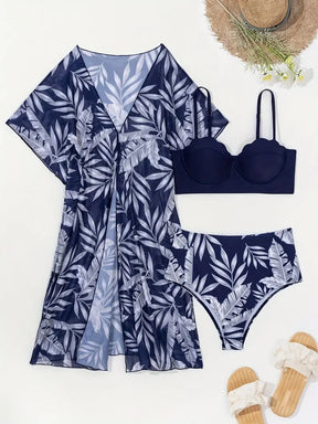 conjunto biquíni 3 peças azul marinho e branco tropical
