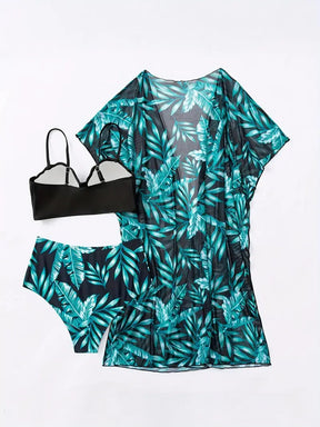 conjunto biquíni 3 peças preto e verde tropical detalhes costas