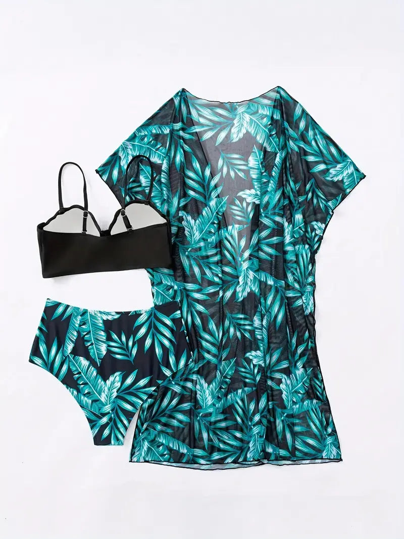 conjunto biquíni 3 peças preto e verde tropical detalhes costas