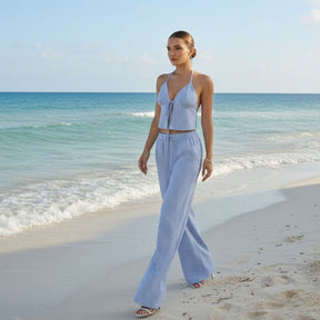 Conjunto Feminino Calça Pantalona Listrada Azul com Top Halter