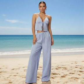 Conjunto Feminino Calça Pantalona Listrada Azul com Top Halter