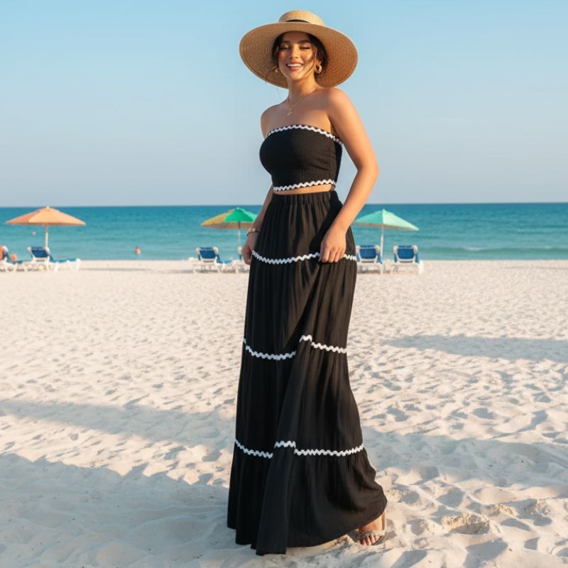 Conjunto Feminino Longo Tomara que Caia Preto com Detalhes Brancos – Elegância Versátil