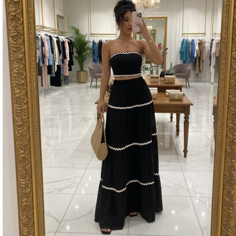 Conjunto Feminino Longo Tomara que Caia Preto com Detalhes Brancos – Elegância Versátil