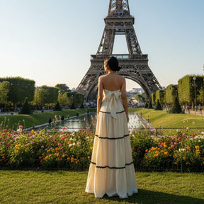 Conjunto Feminino Longo Tomara que Caia Bege com Detalhes Pretos