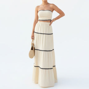 Conjunto Feminino Longo Tomara que Caia Bege com Detalhes Pretos