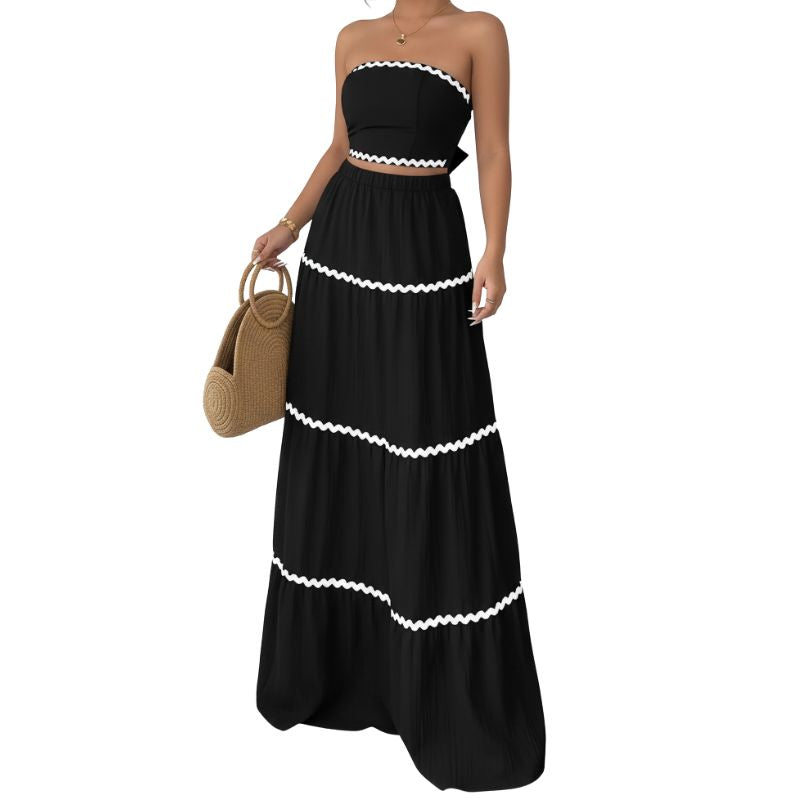 Conjunto Feminino Longo Tomara que Caia Preto com Detalhes Brancos – Elegância Versátil