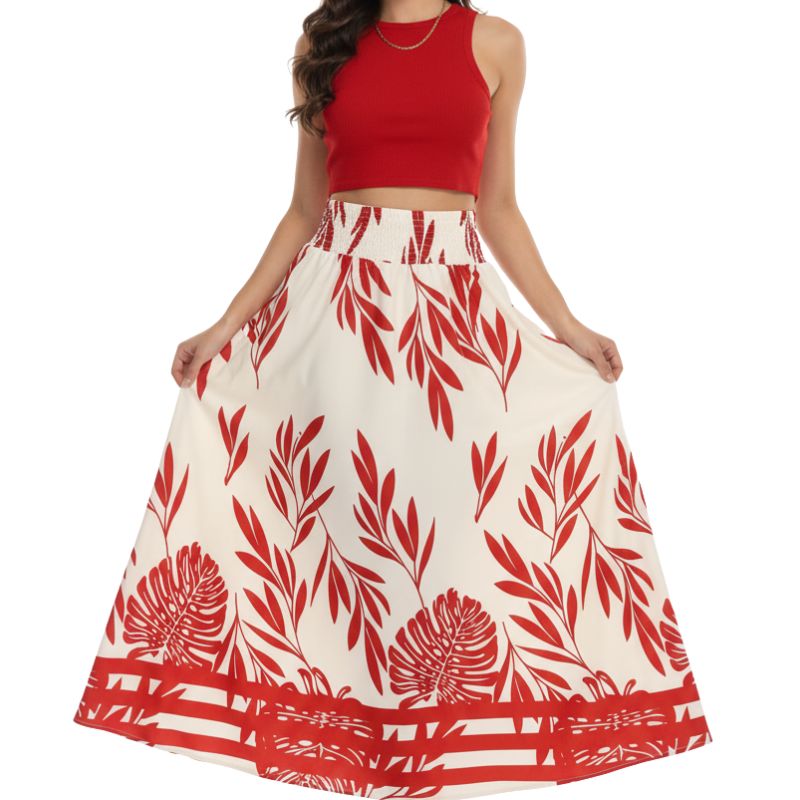 alt="Conjunto feminino tropical saia midi leve e top sem mangas em vermelho sólido"
