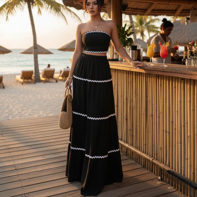 Conjunto Feminino Longo Tomara que Caia Preto com Detalhes Brancos – Elegância Versátil