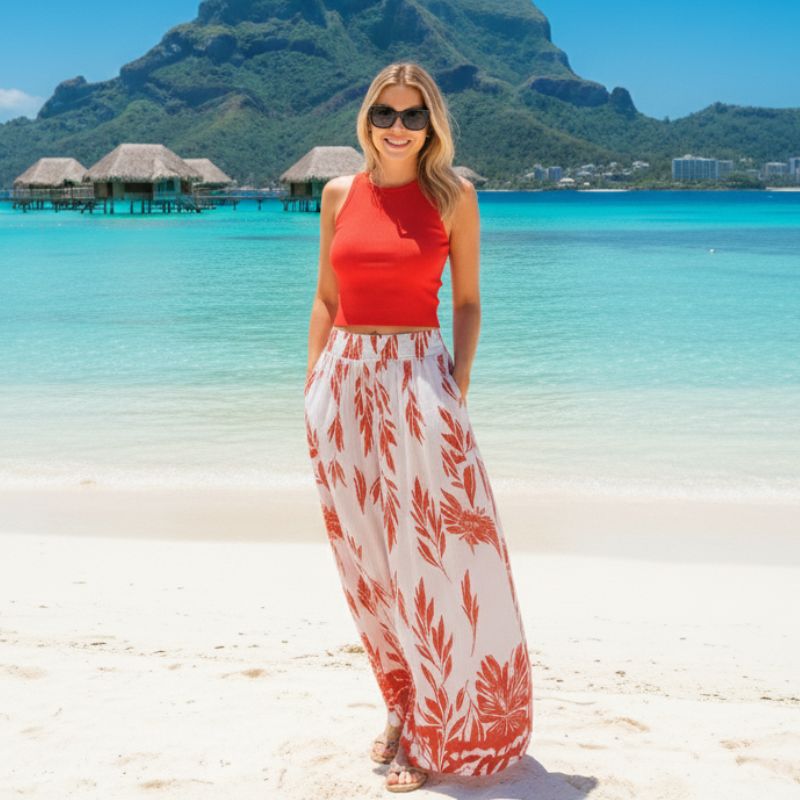 alt="Conjunto feminino saia e blusa tropical ideal para férias e passeios casuais"