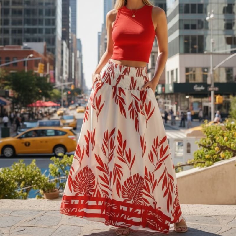 alt="Conjunto feminino saia e top tropical em vermelho e branco tendência primavera verão"