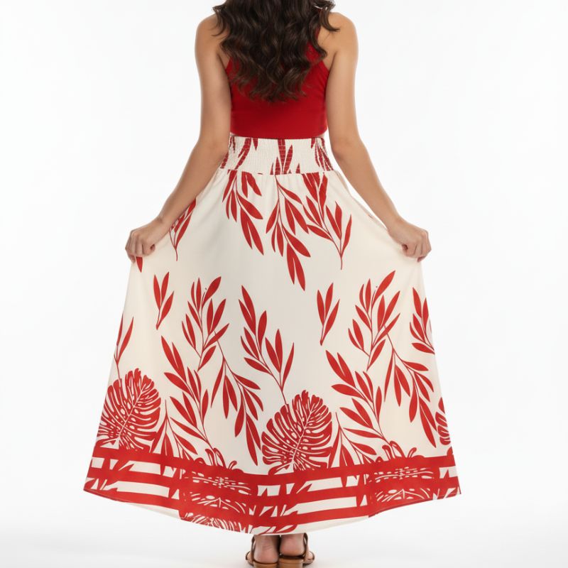 Conjunto Feminino Saia Estampada Floral com Top Vermelho – Estilo Tropical