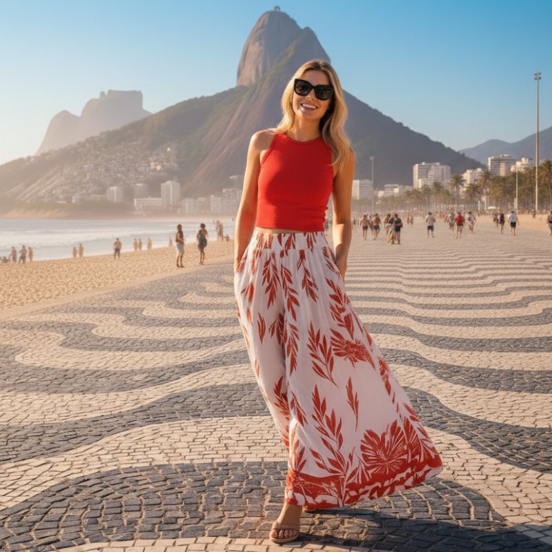 alt="Conjunto de verão feminino com saia floral estampada e top vermelho elegante"