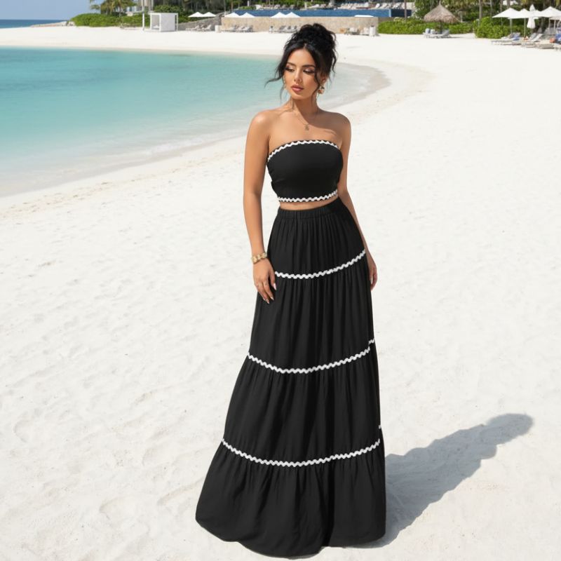 Conjunto Feminino Longo Tomara que Caia Preto com Detalhes Brancos