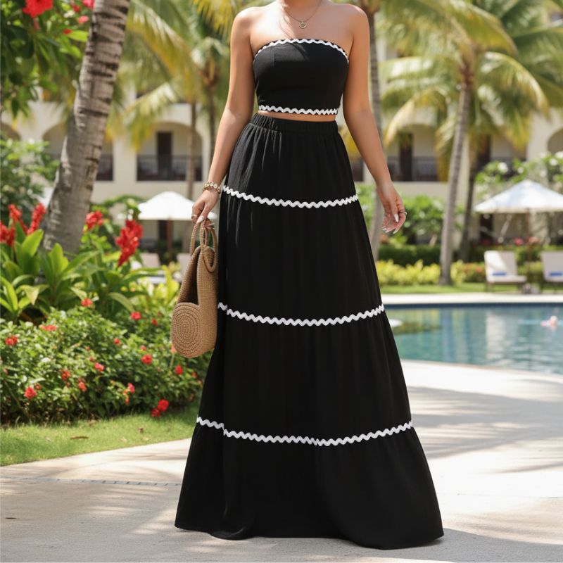 Conjunto Feminino Longo Tomara que Caia Preto com Detalhes Brancos – Elegância Versátil
