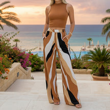 cropped marrom com calça pantalona neutra cintura alta
