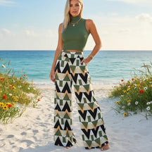 conjunto feminino verde cropped e calça pantalona geométrica
