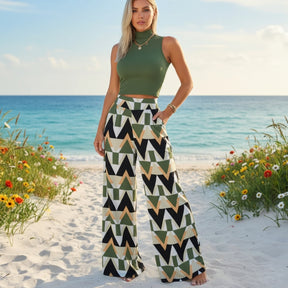 conjunto feminino verde cropped e calça pantalona geométrica
