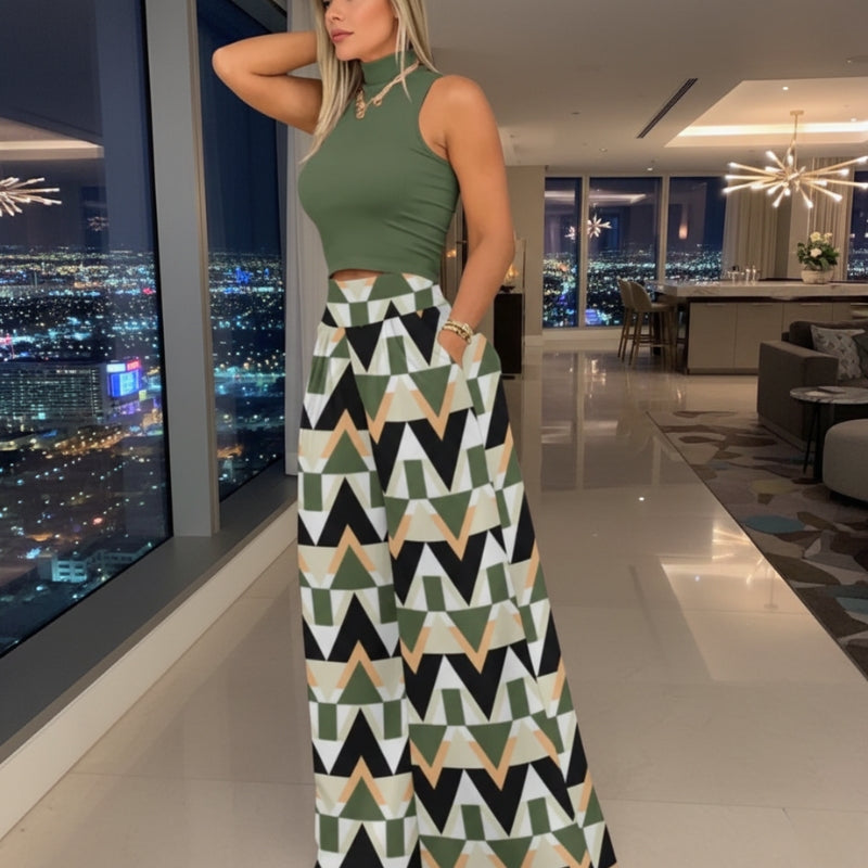 detalhe da estampa geométrica na pantalona feminina
