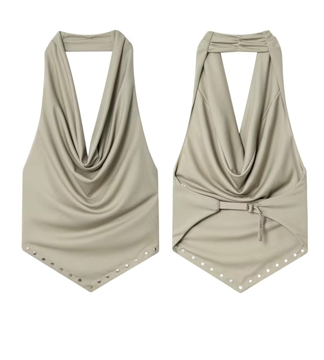 Look de festa sofisticado com blusa frente única gola alta caqui da marca Saybeleze.