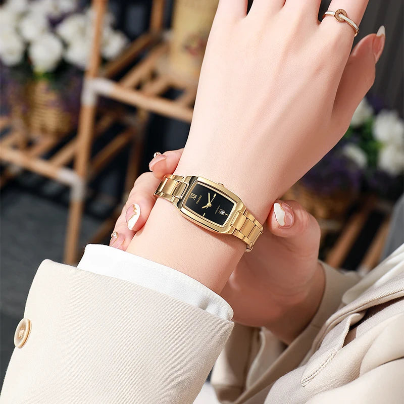 Relógio Bracelete Feminino Aurélize Noir – Luxo Dourado com Mostrador Retangular Elegante